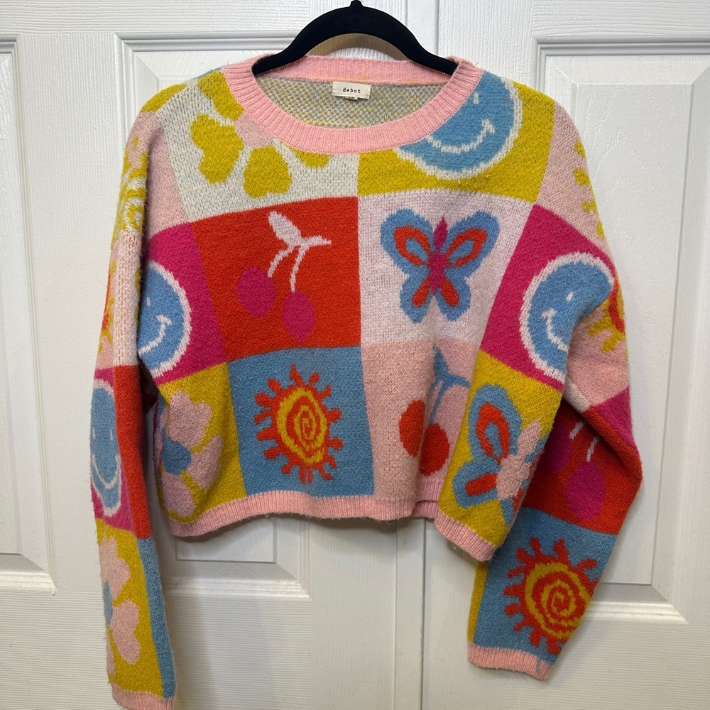 Patchwork Graphic Sweater Smiley Face Flower Dopa… - image 1